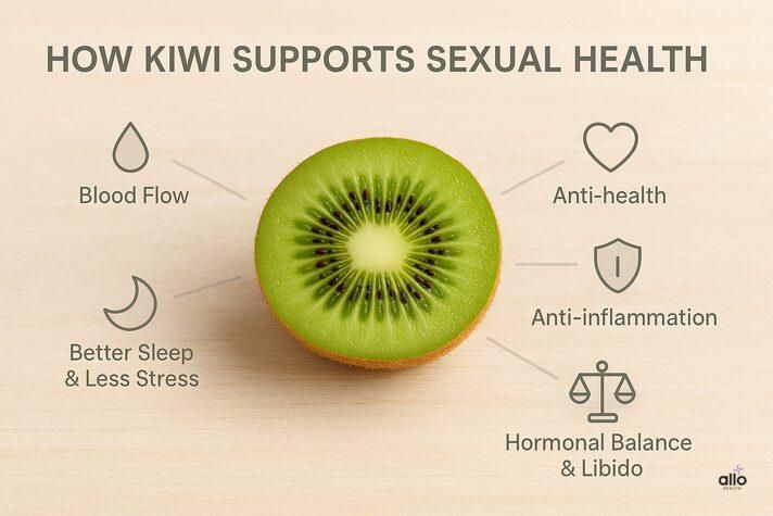 Kiwi for erectile dysfunction illustrating potential benefits like improved blood flow, heart health, reduced inflammation, hormonal balance, and better sleep