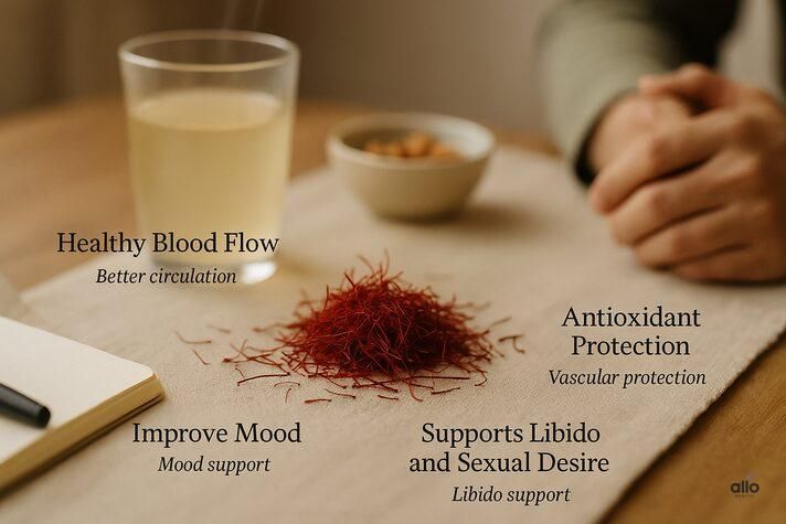 Saffron for erectile dysfunction shown with visual cues representing healthy blood flow, antioxidant protection, improved mood, and libido support.