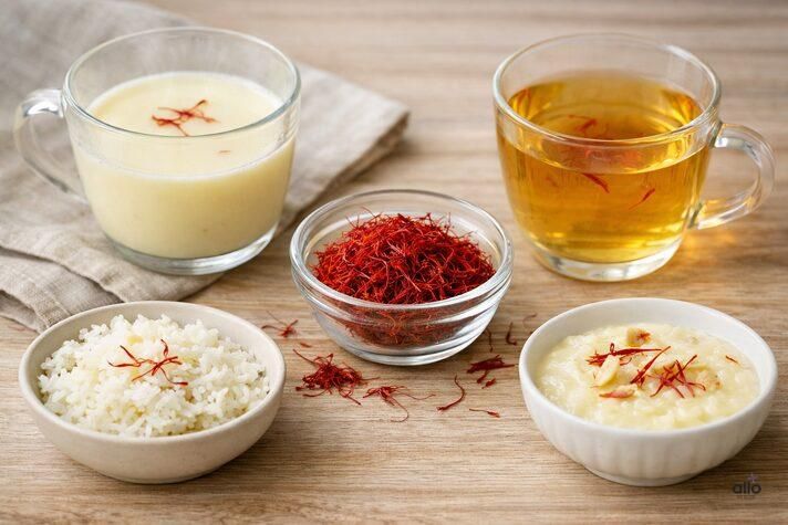 Different ways to use saffron for erectile dysfunction, including saffron milk, infused tea, and food-based use.