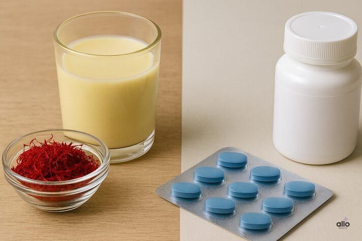 Side-by-side comparison of saffron for erectile dysfunction and prescription ED medications.