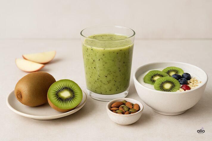 Kiwi for erectile dysfunction shown in different diet forms including fresh fruit, smoothie with nuts, and yogurt bowl for daily consumption
