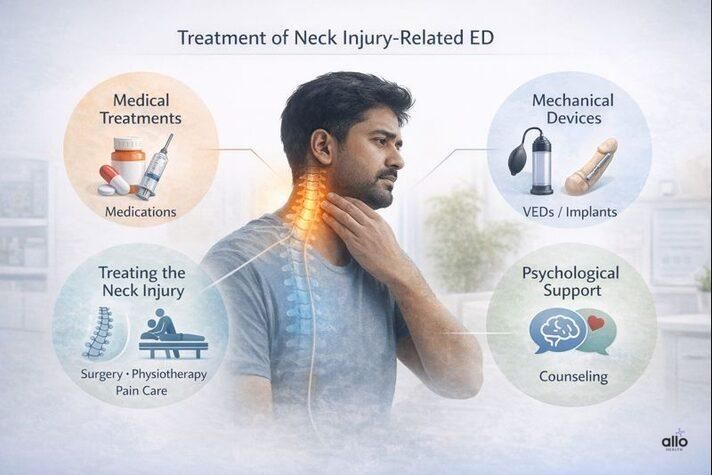Medical illustration explaining how a neck injury can cause erectile dysfunction and showing treatment options like medications, devices, neck therapy, and counseling