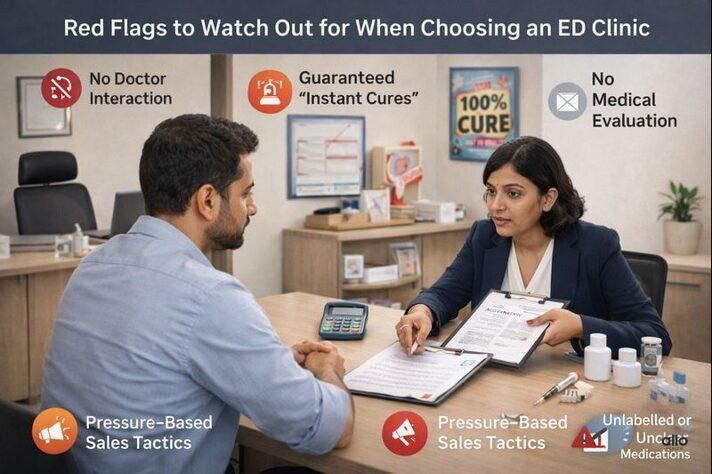 Red flags to watch out for when choosing an erectile dysfunction clinic, including no doctor interaction and pressure-based sales tactics