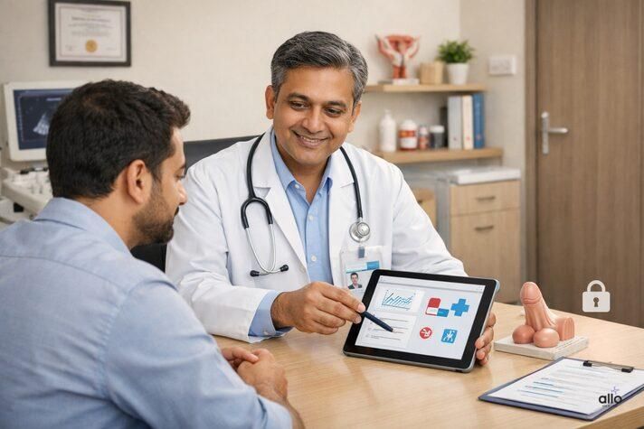 Doctor discussing personalised treatment and diagnosis at an erectile dysfunction clinic with focus on privacy and medical oversight
