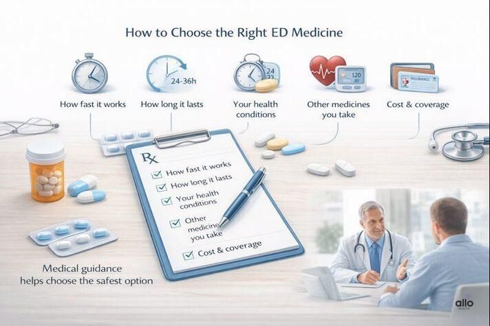 Checklist explaining how to choose the right medicine for erectile dysfunction based on speed, duration, health conditions, other medicines, and cost.
