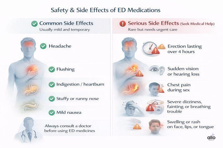 Safety guide for medicine for erectile dysfunction showing common side effects and serious symptoms that need medical attention.