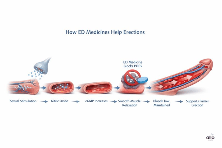 Medical flowchart explaining how medicine for erectile dysfunction improves blood flow by blocking PDE5 and supporting firmer erections.