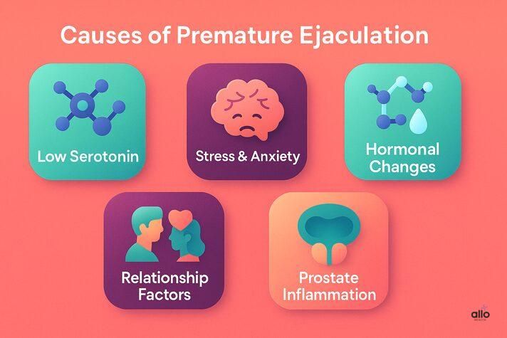 PE ke causes - low serotonin, stress &#x26; anxiety, hormonal changes, relationship issues, prostate inflammation
