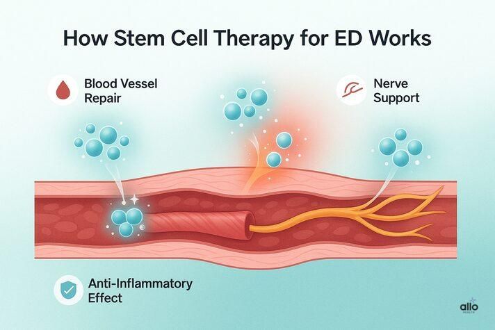 How stem cell therapy for erectile dysfunction in India works, illustrating blood vessel repair, anti-inflammatory effects, and nerve support using MSCs.
