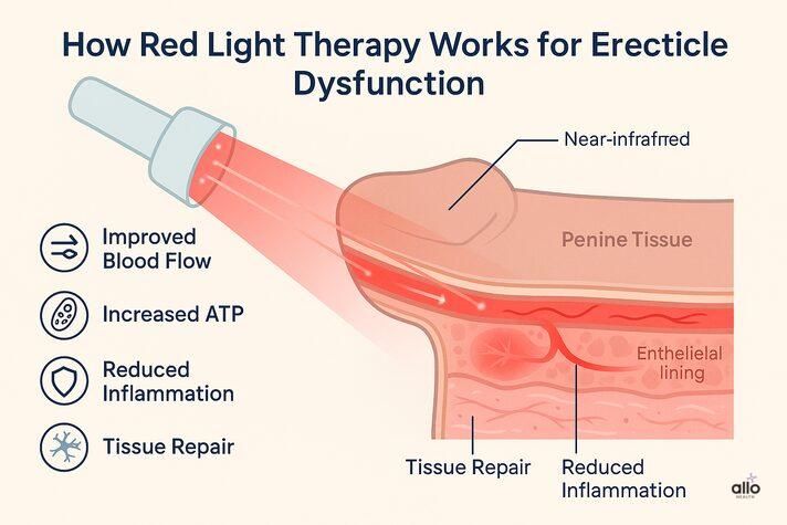 A medical-style diagram explaining how red light therapy erectile dysfunction works, showing red and near-infrared light improving blood flow, reducing inflammation, and supporting tissue repair in penile tissue.