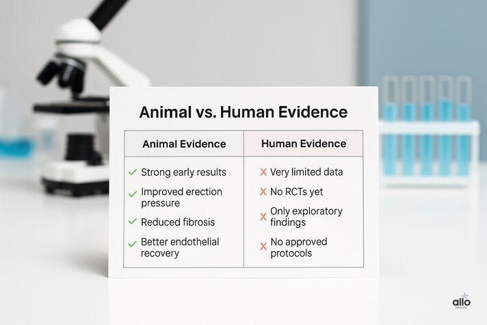 A comparison chart illustrating animal vs human research evidence for red light therapy erectile dysfunction, displayed on a lab desk with a microscope and test tubes in the background.