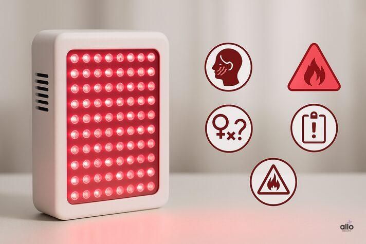 A realistic photo of a red light therapy device with safety icons showing the risks of red light therapy erectile dysfunction, including skin irritation, burn hazards, fertility uncertainty, and lack of long-term research.