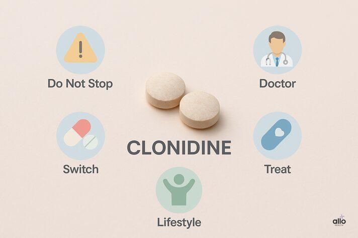 A pastel medical infographic showing clonidine tablets in the center with icons for “Do Not Stop,” “Doctor,” “Switch,” “Treat,” and “Lifestyle,” explaining steps to manage clonidine side effects erectile dysfunction.