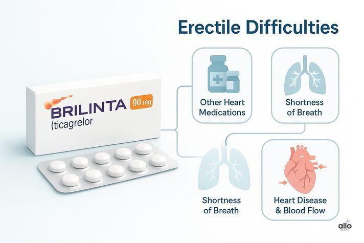 “Infographic showing how Brilinta may relate to erectile difficulties, highlighting other heart medications, shortness of breath, and heart disease—focused on brilinta side effects erectile dysfunction.”