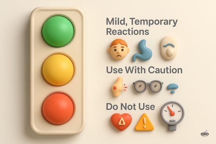 3D traffic-light style infographic showing pt 141 libido safety, including mild reactions, caution signs, and conditions where PT-141 should not be used.
