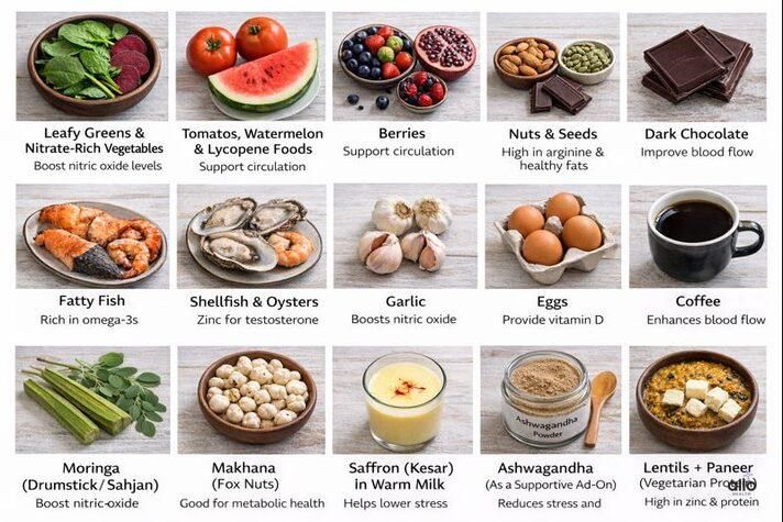 Foods for erectile dysfunction chart showing leafy greens, berries, nuts, dark chocolate, fatty fish, eggs, garlic, moringa, makhana, saffron milk, and lentils.