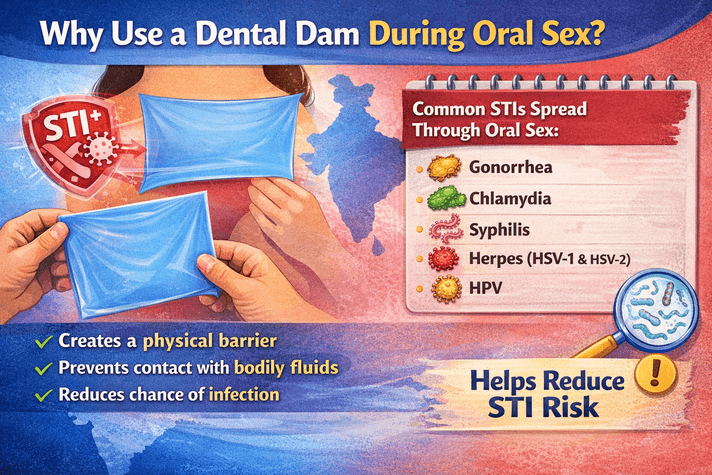 Educational graphic explaining why dental dams are used during oral sex, showing common STIs that can spread through oral contact and how a dental dam helps reduce infection risk.
