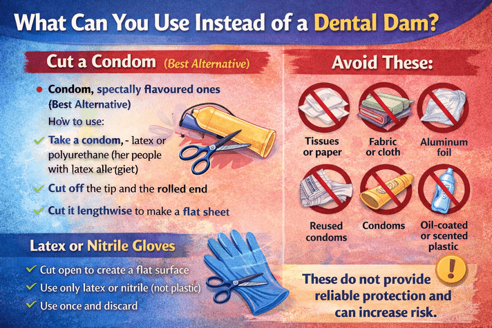 Infographic showing safe alternatives to dental dams, including a condom cut into a flat sheet and latex or nitrile gloves, along with a warning against unsafe materials like tissues or foil.
