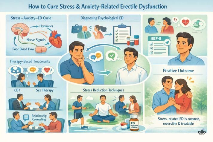 Can stress cause impotence? Medical infographic showing how stress and anxiety affect the brain, hormones, blood flow, and erections, with diagnosis steps, therapy, stress reduction techniques, and positive recovery outcomes illustrated in a calm, educational layout.