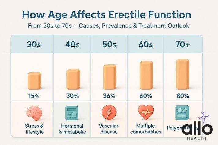 Age and impotence progression from 30s to 70s showing rising prevalence and changing underlying causes