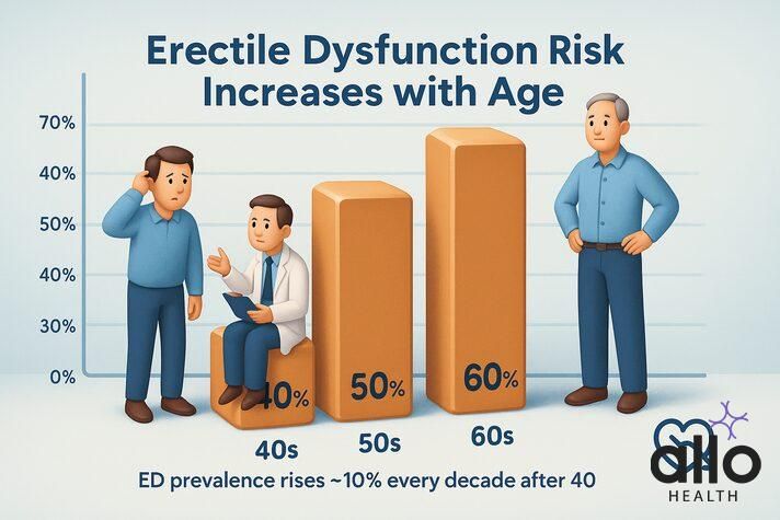 Age and impotence risk increasing across 40s, 50s, and 60s shown with a bar chart and aging male figures