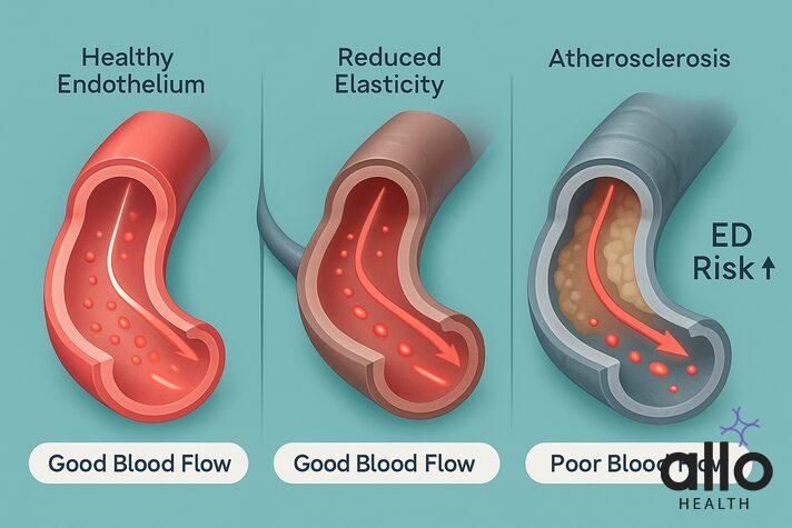 Age and impotence explained through blood vessel changes showing healthy flow, reduced elasticity, and atherosclerosis