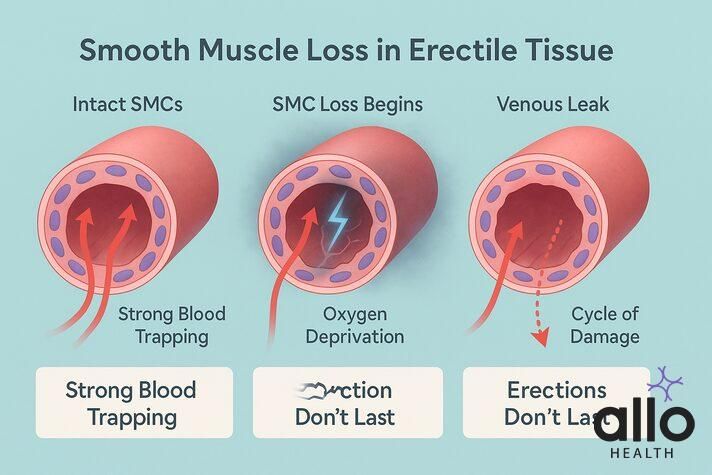 Age and impotence illustrated by smooth muscle loss in erectile tissue leading to poor blood trapping and venous leak