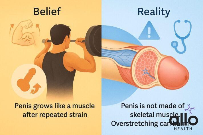 “Illustration explaining jelqing belief versus medical reality, showing why jelqing does not work like muscle training and may affect erections.”