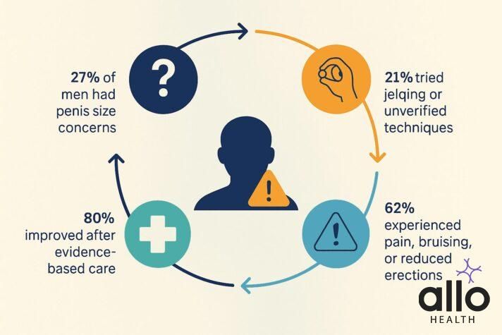 “Infographic showing real-world data on jelqing, penis size anxiety, reported side effects, and improvement after evidence-based care.”