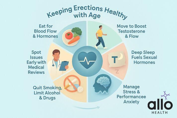 Age and impotence prevention illustrated with lifestyle steps for blood flow, hormones, stress control, and healthy aging