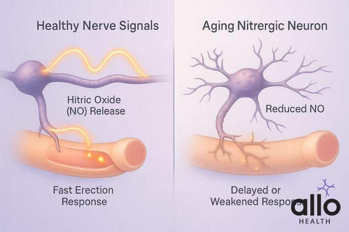 Age and impotence linked to aging nerve signals with reduced nitric oxide causing delayed erection response