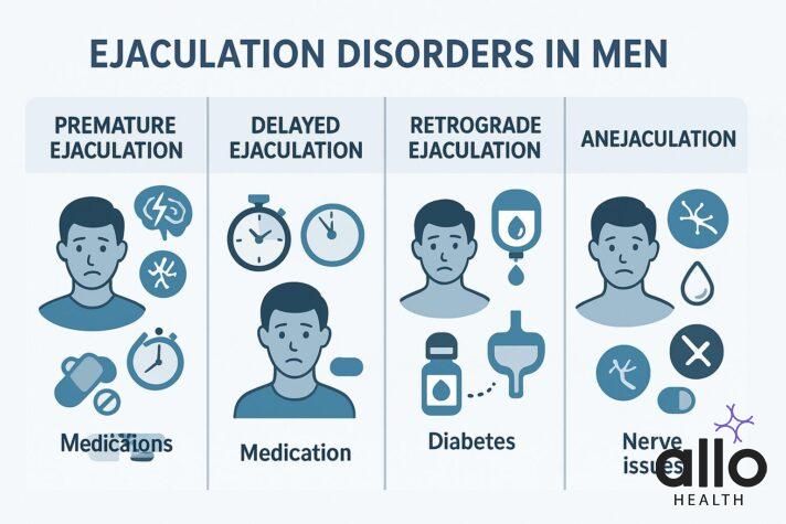 Men ejaculation disorders: premature, delayed, retrograde aur anejaculation with causes like medications, diabetes, nerve issues