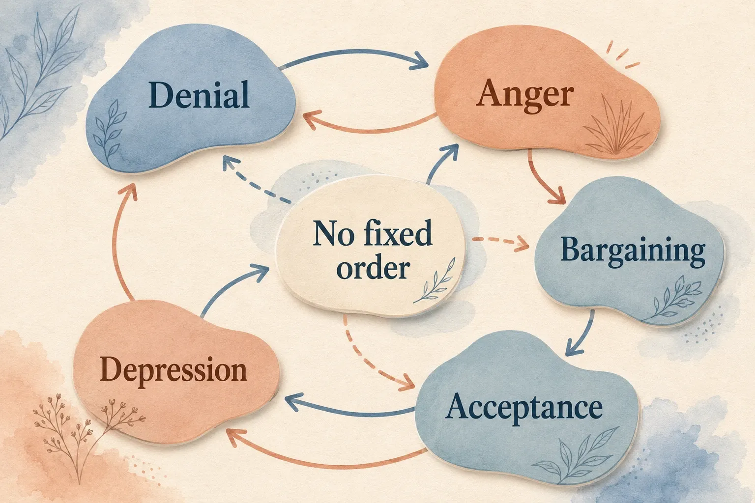Infographic showing denial, anger, bargaining, depression and acceptance connected by arrows to explain that grief has no fixed order.