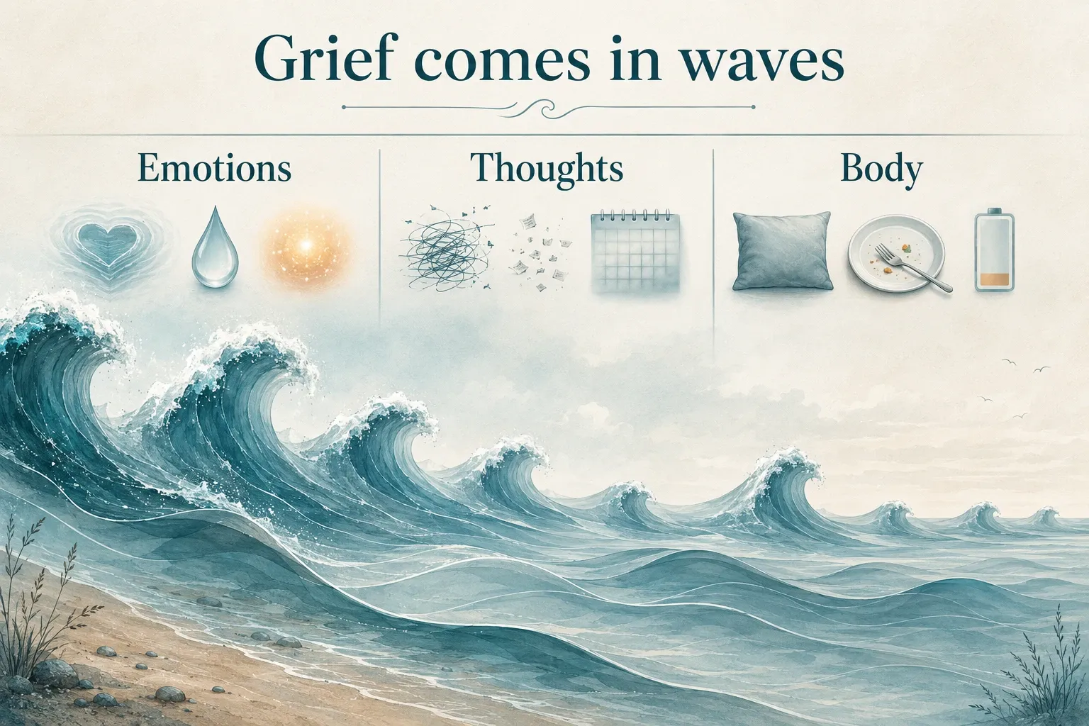 Ocean-wave illustration showing how grief can affect emotions, thoughts and the body.