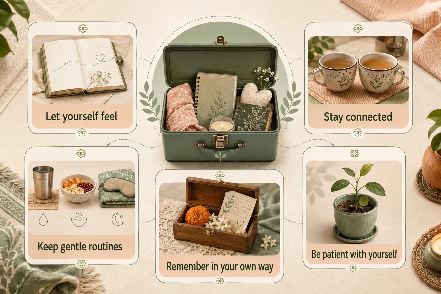 Infographic showing gentle ways to cope with grief, including expressing feelings, staying connected, keeping simple routines, remembering in your own way and being patient with yourself.