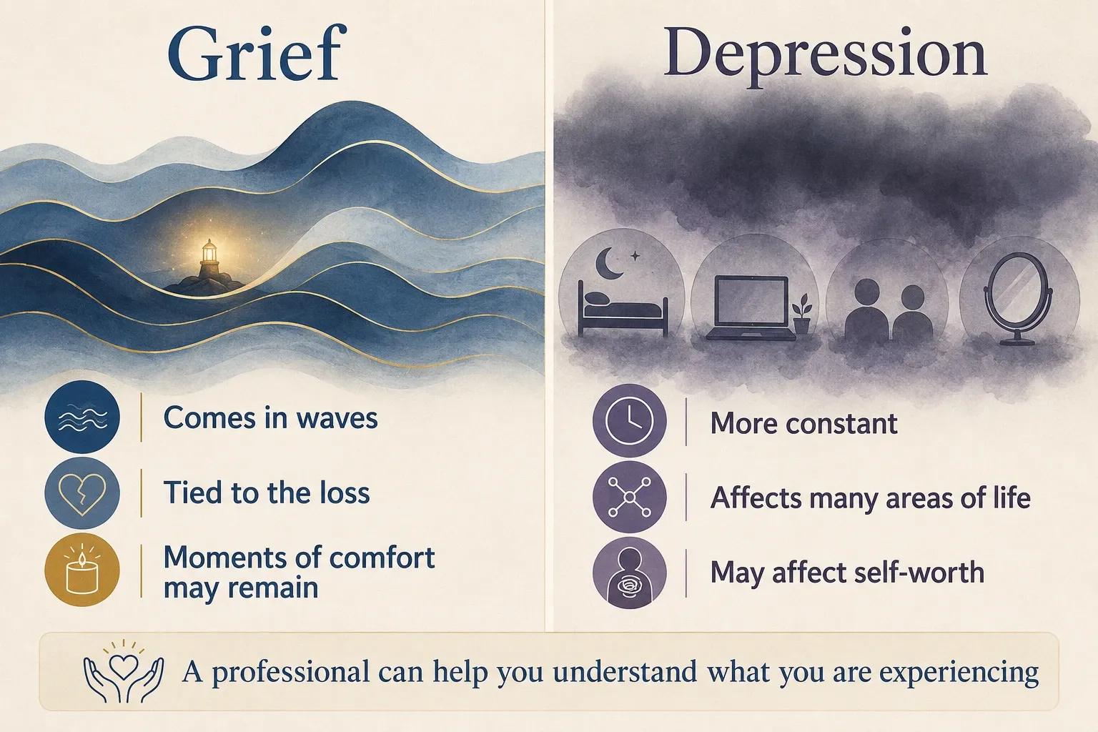 Infographic comparing grief, which often comes in waves and relates to a loss, with depression, which may be more constant and affect many areas of life.