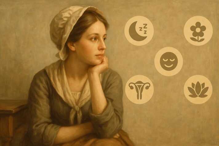 A calm, thoughtful woman in Old English attire looks toward floating icons representing benefits of masturbation, such as sleep, relaxation, and menstrual health. 