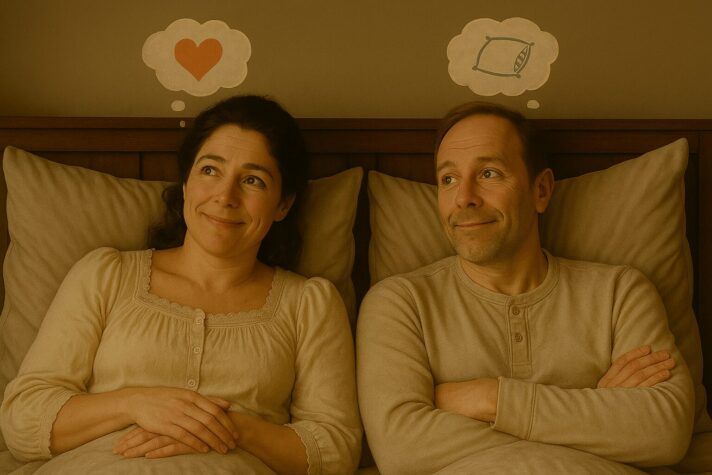 A couple lies in bed smiling; the woman thinks of a heart (desire), the man of a pillow (sleep). 