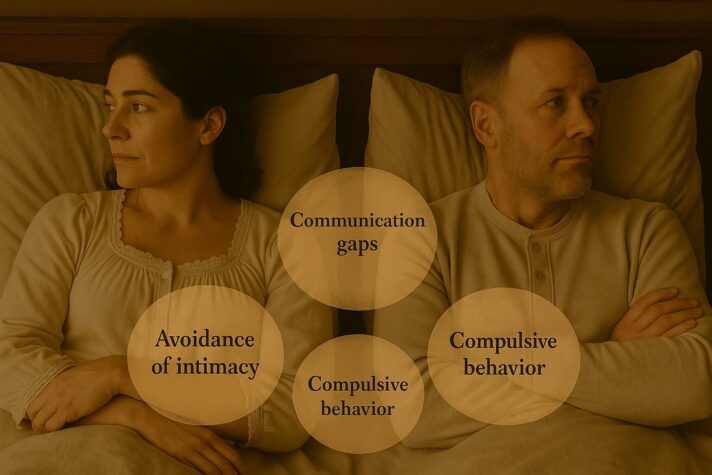 A couple lies in bed facing away from each other, with text bubbles between them reading: &#x22;Communication gaps,&#x22; &#x22;Avoidance of intimacy,&#x22; and &#x22;Compulsive behavior.&#x22; 