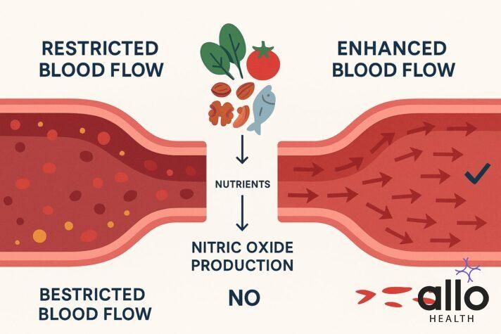 Foods for erectile dysfunction infographic explaining how nutrients improve nitric oxide production and enhance blood flow for stronger erections.