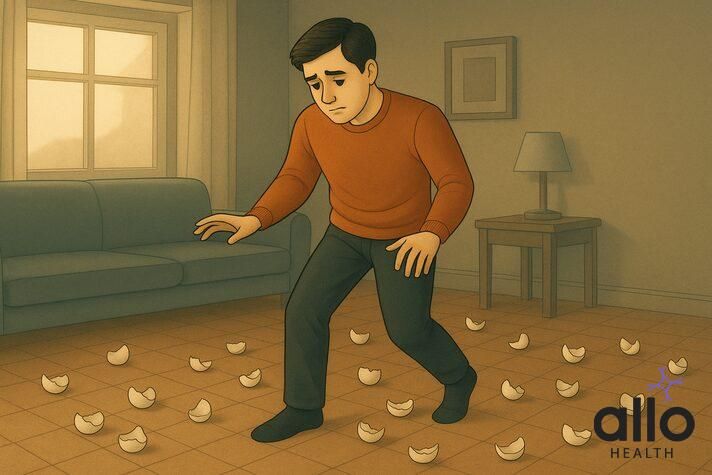 Person cautiously navigating eggshells, symbolising the anxiety and fear experienced when constantly adjusting behaviour to avoid triggering negative reactions from a partner.