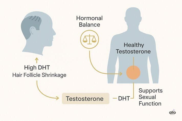 “Informational medical illustration explaining can alopecia cause erectile dysfunction through hormonal imbalance between testosterone and DHT affecting hair loss and sexual function.”