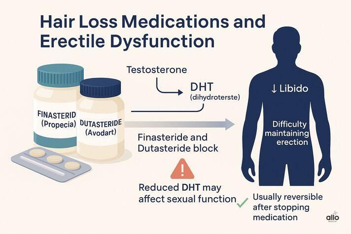 “Clean infographic showing how finasteride and dutasteride block DHT and may explain can alopecia cause erectile dysfunction by affecting hormones and libido.”