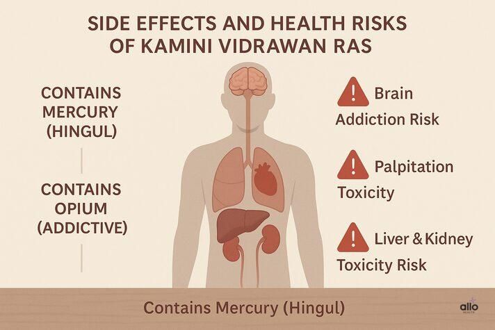 Kamini Vidrawan Ras ke side effects jaise liver aur brain par khatra, mercury aur afeem ke nuksan dikhata hua infographic.
