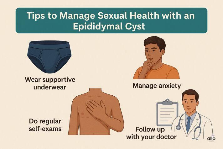 “Educational infographic with tips to manage sexual health and anxiety with an epididymal cyst, supporting the topic can epididymal cyst cause erectile dysfunction.”
