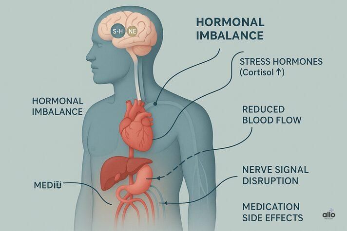 “Infographic explaining the biological connection between PTSD and erectile dysfunction, with visuals of hormones, blood flow, and nerve pathways.”