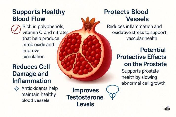 “Infographic showing the benefits of pomegranate for erectile dysfunction, including improved blood flow, reduced cell damage and inflammation, protection of blood vessels, potential prostate support, and mild support for hormone levels, illustrated with a sliced pomegranate in the center and labeled callouts around it.”