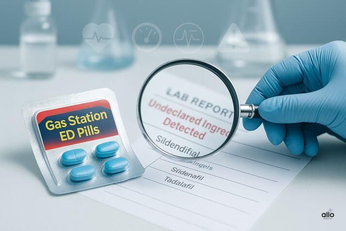 A 3D hybrid infographic explaining why gas station erectile dysfunction pills are unsafe, showing hidden drugs, severe side effects, and poor quality control.