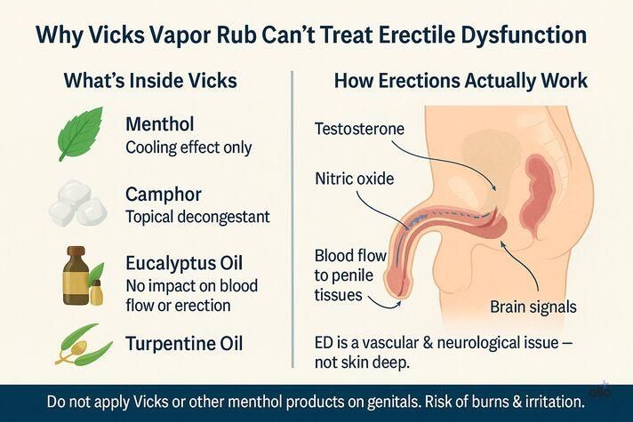 Infographic explaining why Vicks Vapor Rub can’t treat erectile dysfunction, showing ingredients and how erections work — does Vicks Vapor Rub help with erectile dysfunction.