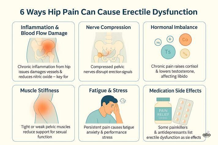Infographic explaining six ways hip pain can cause erectile dysfunction, showing inflammation, nerve compression, hormonal imbalance, muscle stiffness, fatigue, and medication side effects.